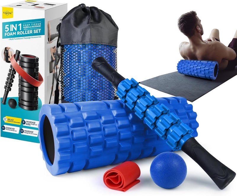 Krightlink 5 in 1 Foam Roller Set for Deep Tissue Muscle Massage, High Density Trigger Point Fitness Patented Exercise Foam Roller, Massage Roller, Massage Ball, Resistance Band, for Whole Body - Image 1